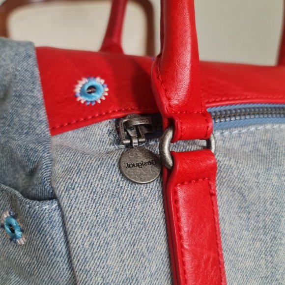 Desigual genuine denim bag with red leather and embroidery - Picture 7 of 7